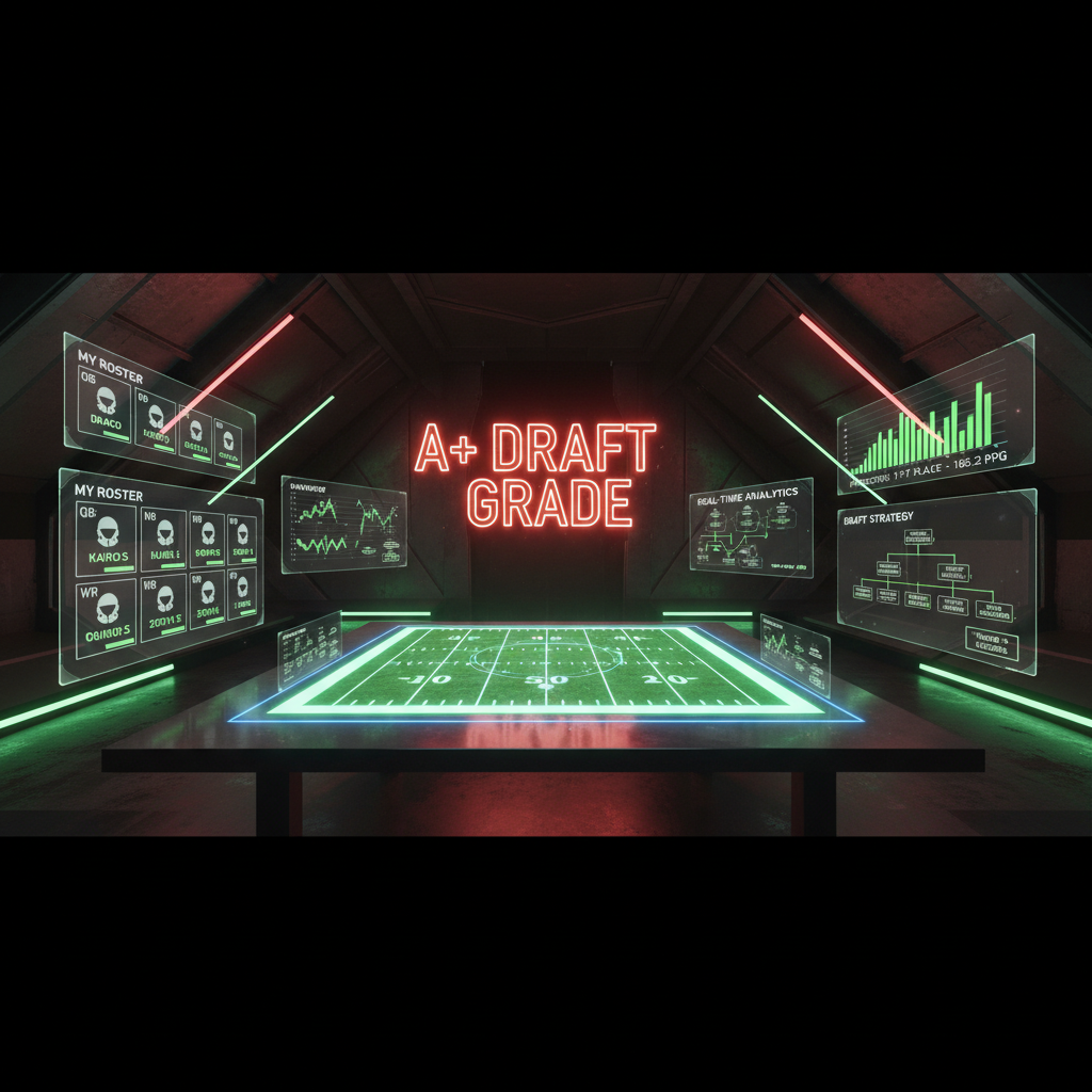 Fantasy football draft analyzer dashboard showing player cards, roster positions, draft grades, and football analytics on a digital screen