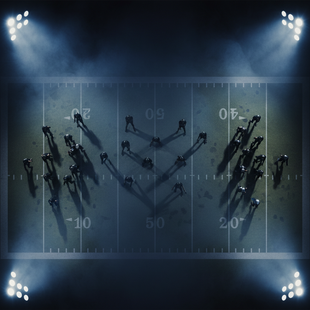 Overhead view of a football field at night with silhouetted players in distinct offensive, defensive, and special teams formations.