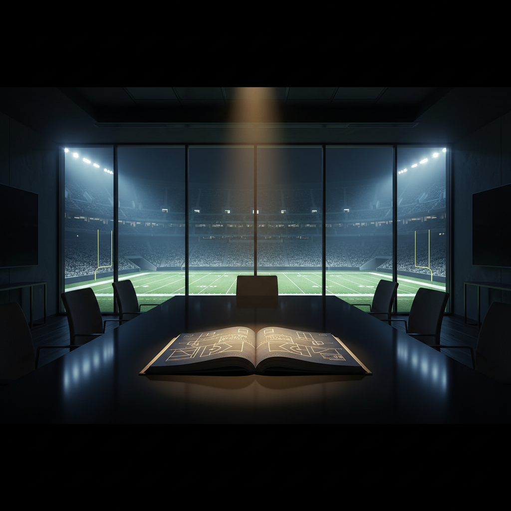 Modern boardroom overlooking an empty, brightly lit NFL stadium, with a lit playbook on a table.