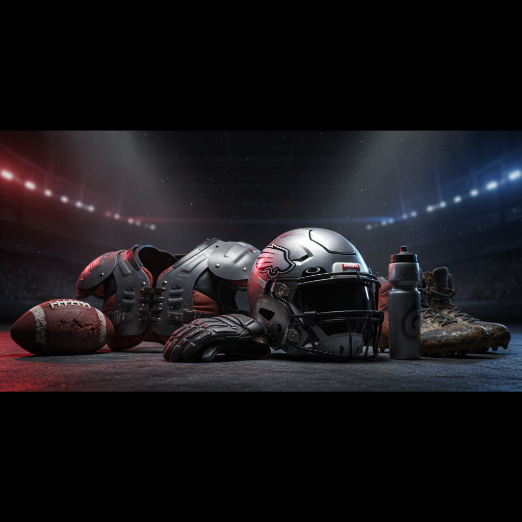 football helmet, pads, and cleats