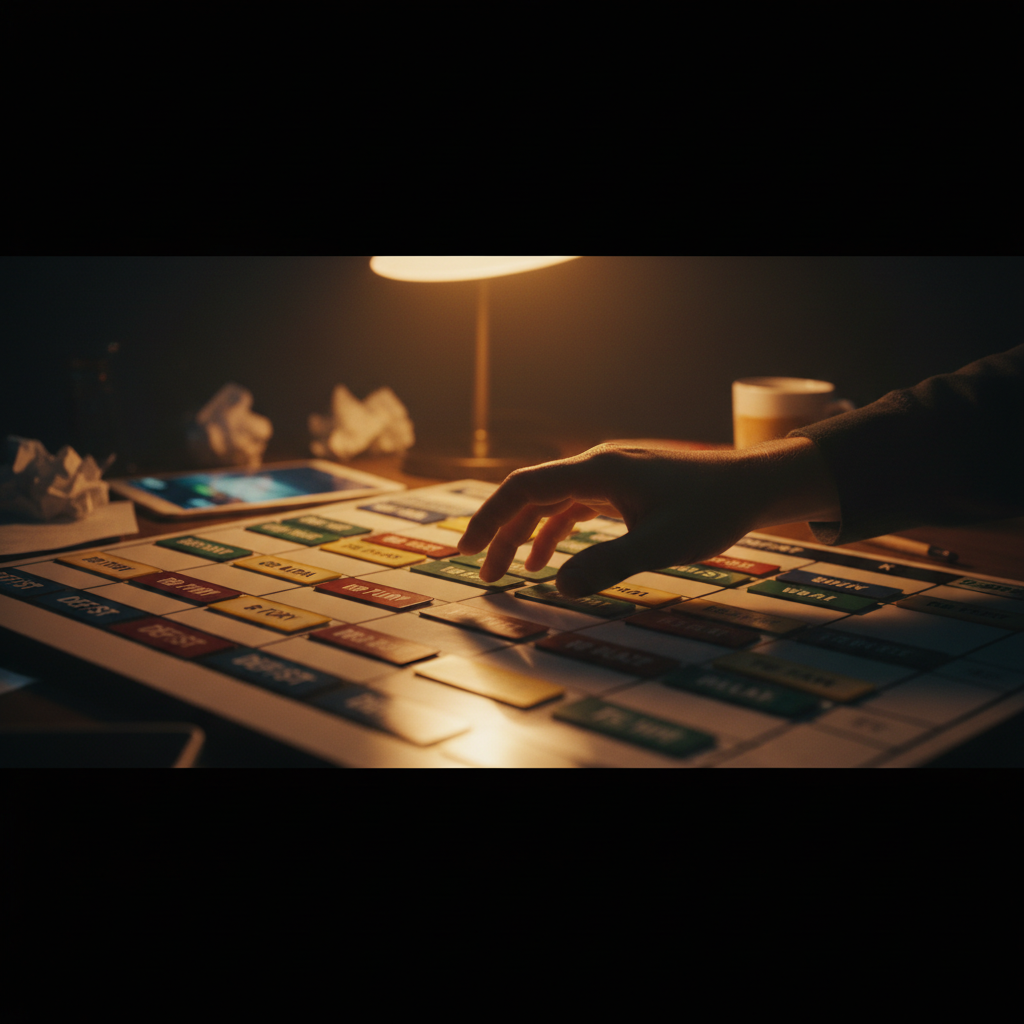 Hand hovers over a stylized fantasy football draft board, strategic lighting, tense decision-making.