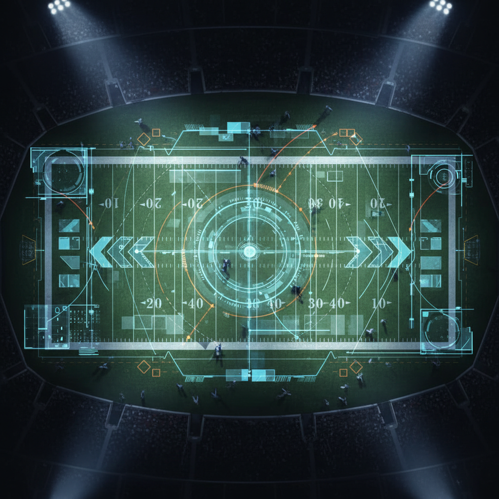 Overhead football field with glowing data lines and nodes, representing strategic analysis.