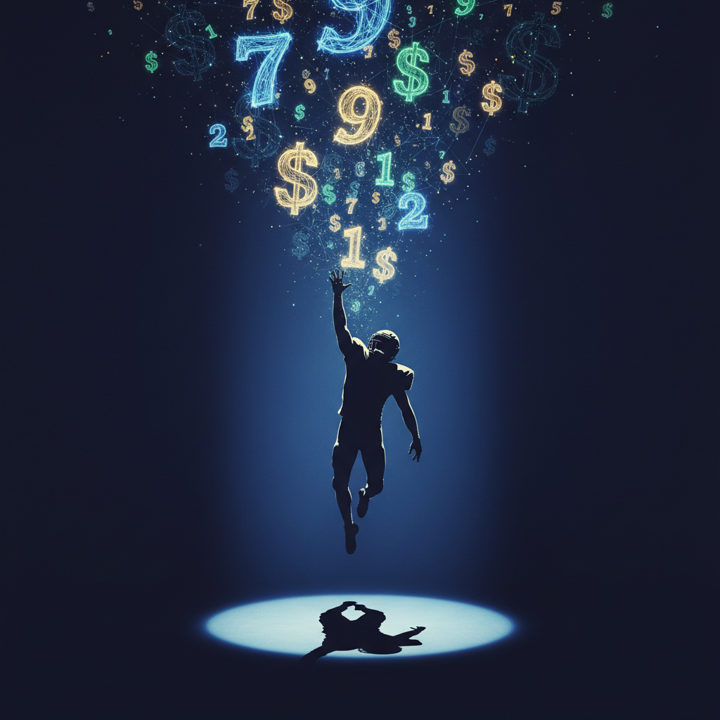 Silhouetted wide receiver leaping towards glowing numbers and dollar signs in the sky.