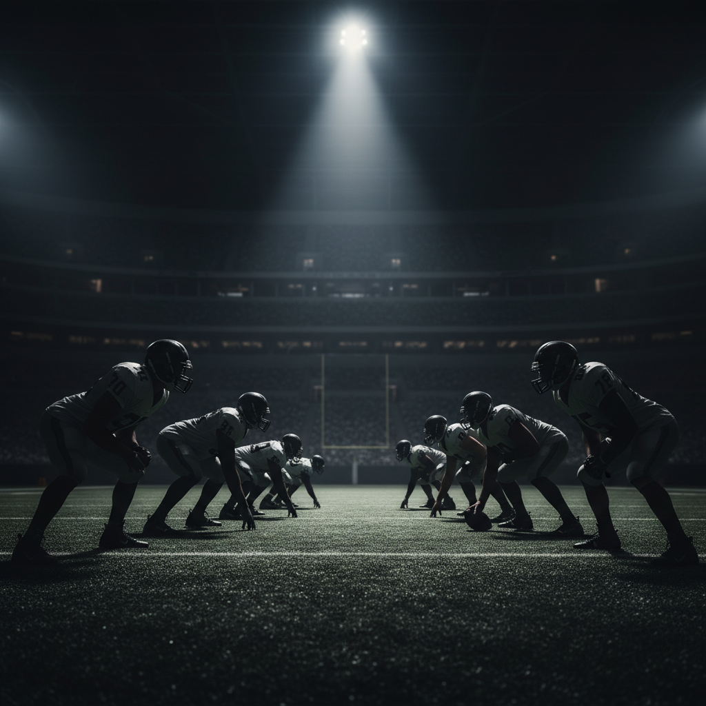 Ground-level view from end zone showing generic offensive player silhouettes in formation under a dramatic spotlight on a football field.