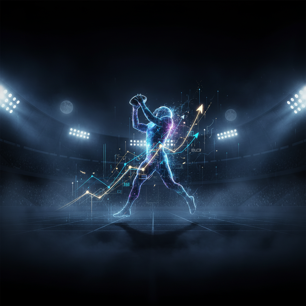 Dynamic silhouette of a football player overlaid with abstract data and graphs, representing statistical excellence.