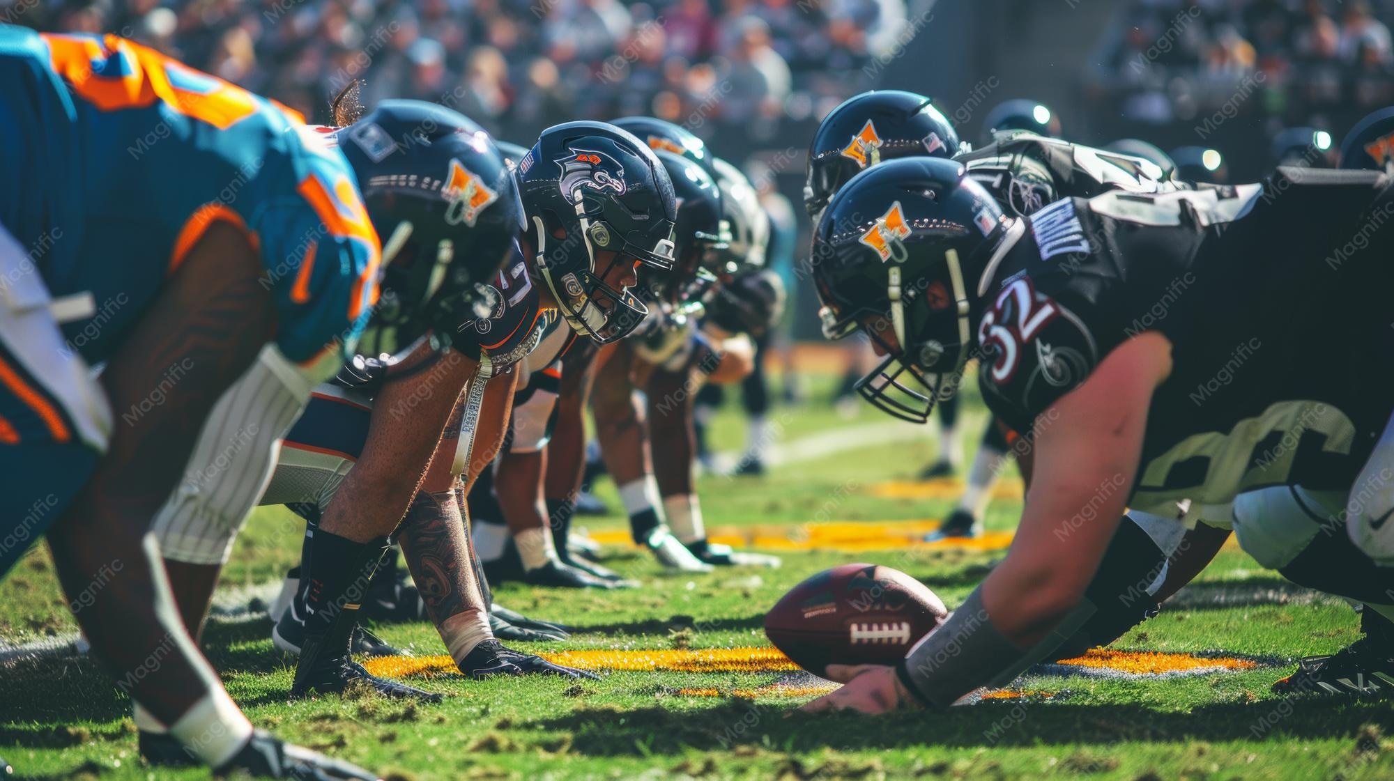 American football teams lined up at the line of scrimmage