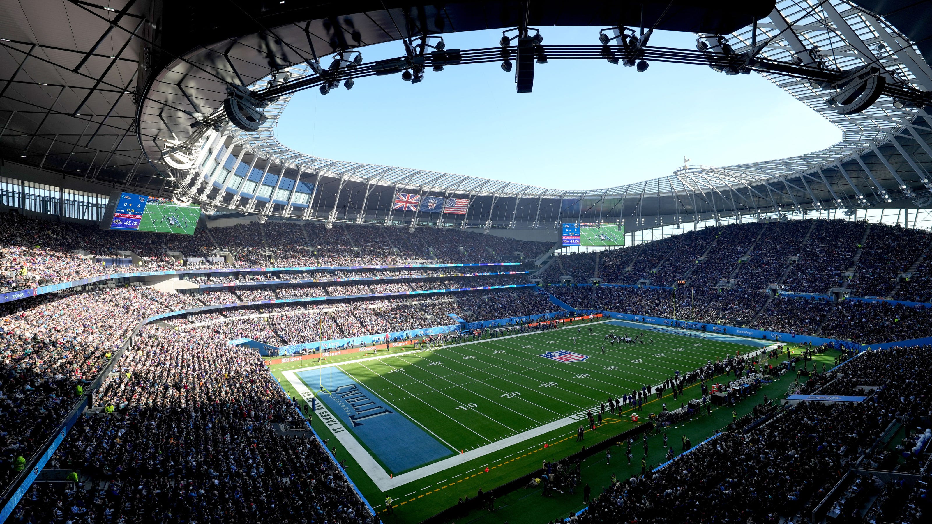 NFL special teams unit playing in an international stadium