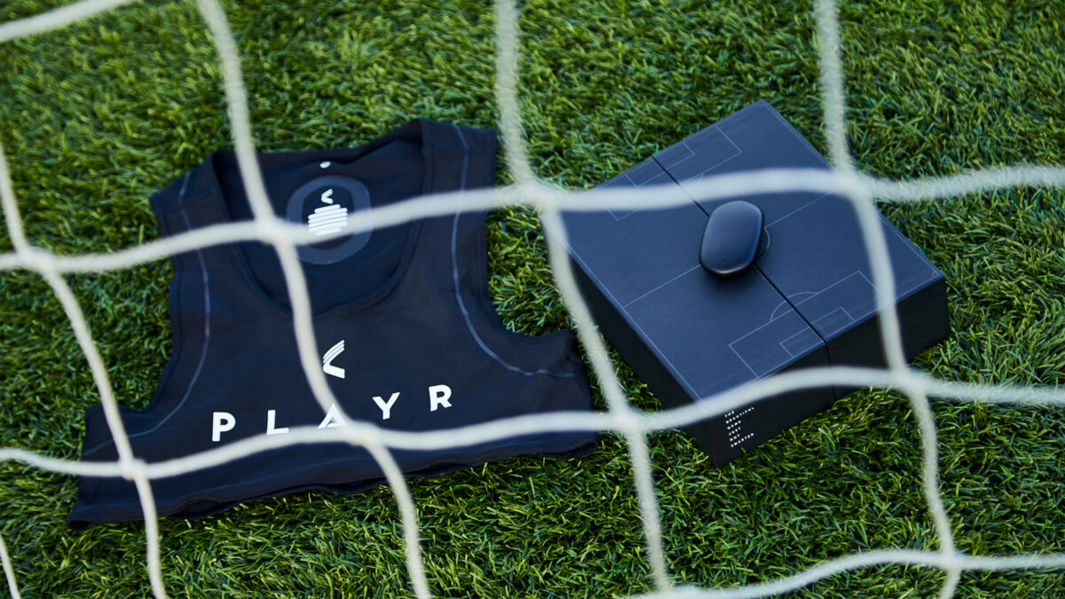 Football athlete wearing performance tracking technology